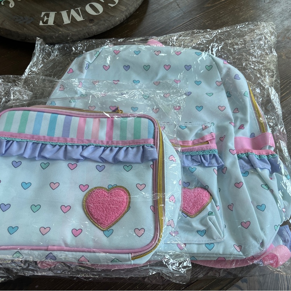 Pink and Blue Heart Pattern Bag with Ruffle Accent